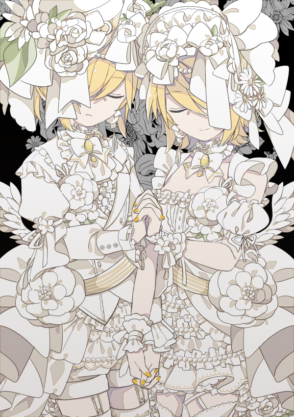 1boy 1girl angel angel_wings bare_arms blonde_hair bonnet breasts brother_and_sister choker closed_eyes commentary daisy dress floral_background flower frilled_dress frills garters hand_holding hat interlocked_fingers kagamine_len kagamine_rin lace_trim lolita_fashion one_eye_covered pale_skin pearl rose shorts siblings small_breasts smile top_hat twins vocaloid white_flower white_rose wings yoshiki