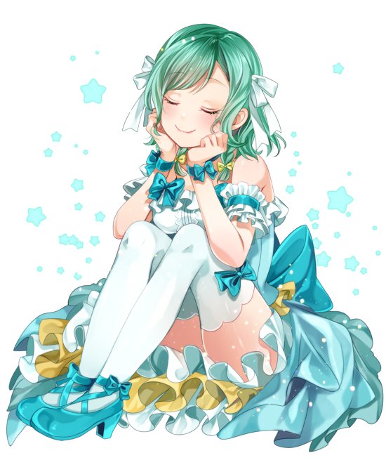 1girl ankle_bow ankle_ribbon ankle_strap aqua_bow aqua_dress aqua_footwear aqua_hair aqua_legwear bang_dream! bangs bow chin_rest closed_eyes commentary_request detached_sleeves dress frilled_dress frilled_sleeves frills full_body green_hair hair_bow hair_ribbon high_heels hikawa_hina ito22oji knees_up ribbon short_hair short_sleeves side_braids sitting smile solo star starry_background swept_bangs thigh-highs u_u white_ribbon yellow_bow