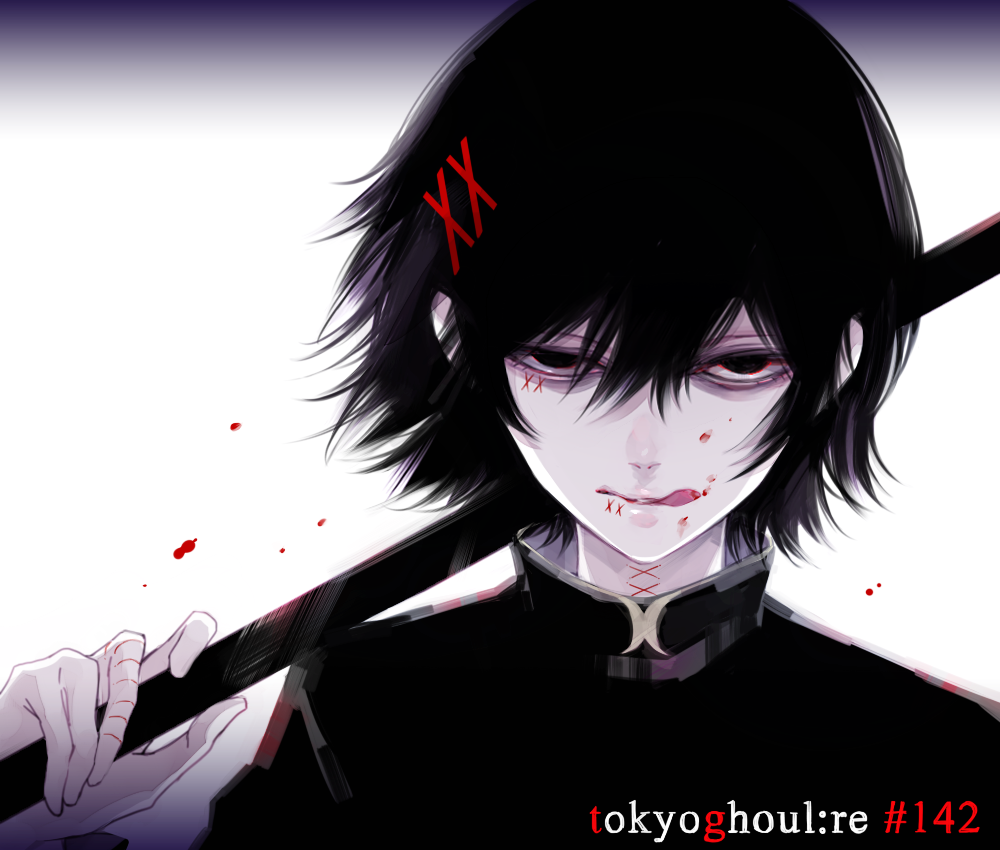 1boy alternate_hair_ornament androgynous black_hair black_jacket blood blood_on_face evil_smile hair_between_eyes hair_ornament hairclip half-closed_eyes holding holding_weapon jacket kenkoumineral13 licking_blood looking_at_viewer male_focus open_eyes red_eyes roman_numerals short_hair simple_background smile solo stitched_face stitches suzuya_juuzou tokyo_ghoul tokyo_ghoul:re tongue tongue_out weapon white_background x_hair_ornament