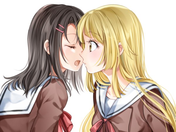 2girls bang_dream! bangs black_hair blonde_hair closed_eyes closed_mouth collarbone couple eyebrows_visible_through_hair face-to-face female hair_ornament hairclip hanasakigawa_school_uniform highres imminent_kiss ito22oji long_hair looking_at_another multiple_girls neck neck_ribbon okusawa_misaki open_mouth red_neckwear ribbon sailor_collar school_uniform short_hair simple_background surprised tsurumaki_kokoro upper_body white_background white_sailor_collar yellow_eyes yuri