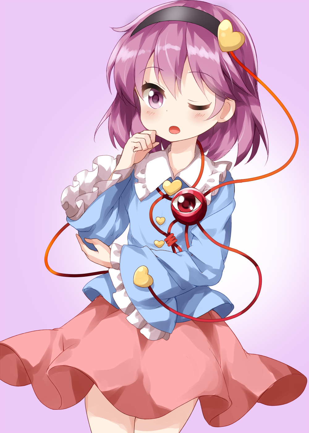 1girl ;o black_hairband blue_shirt blush collarbone cowboy_shot frilled_shirt_collar frilled_sleeves frills gradient gradient_background hair_ornament hairband hand_up heart heart_hair_ornament highres komeiji_satori long_sleeves looking_at_viewer one_eye_closed open_mouth pink_skirt purple_background purple_hair red_eyes ruu_(tksymkw) shirt short_hair skirt solo standing thighs third_eye touhou violet_eyes white_background wide_sleeves