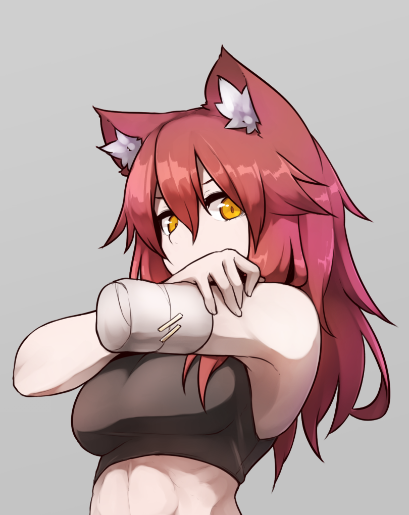 1girl amputee animal_ear_fluff animal_ears armpits bangs bare_shoulders breasts cat_ears closed_mouth covered_mouth grey_background hair_between_eyes large_breasts looking_at_viewer original redhead ryota_tentei simple_background solo sports_bra toned upper_body yellow_eyes
