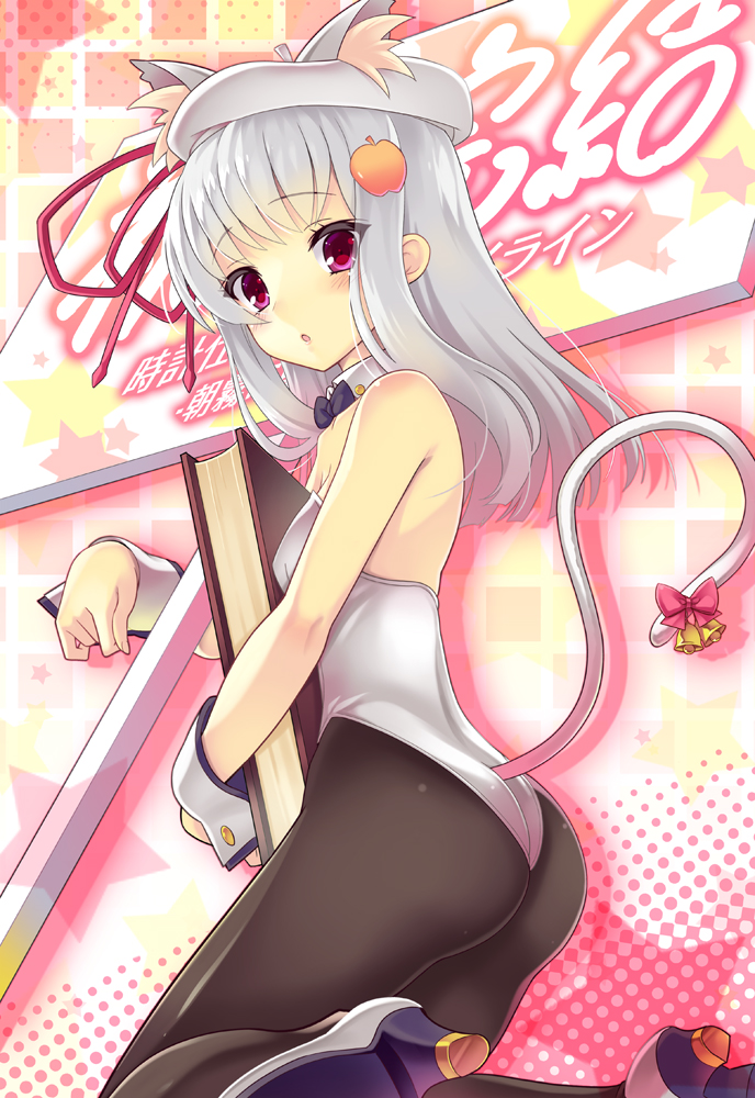 1girl animal_ears neck_belt pantyhose red_eyes release_date ribbon rito_(tokeijikake_no_ley_line) silver_hair solo tail tokeijikake_no_ley_line urabi_(tomatohouse)