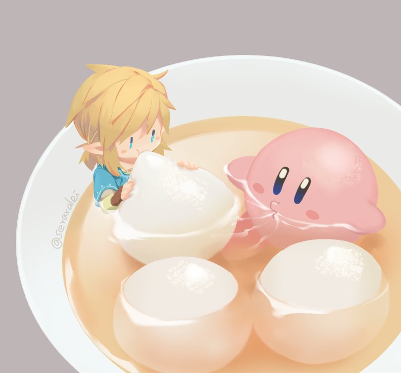 1boy 1other blonde_hair chibi earrings eating food gloves hal_laboratory_inc. hoshi_no_kirby jewelry kirby kirby_(series) link long_hair natsuyon nintendo open_mouth partially_submerged pointy_ears simple_background smile sora_(company) soup super_smash_bros. super_smash_bros._ultimate the_legend_of_zelda the_legend_of_zelda:_breath_of_the_wild