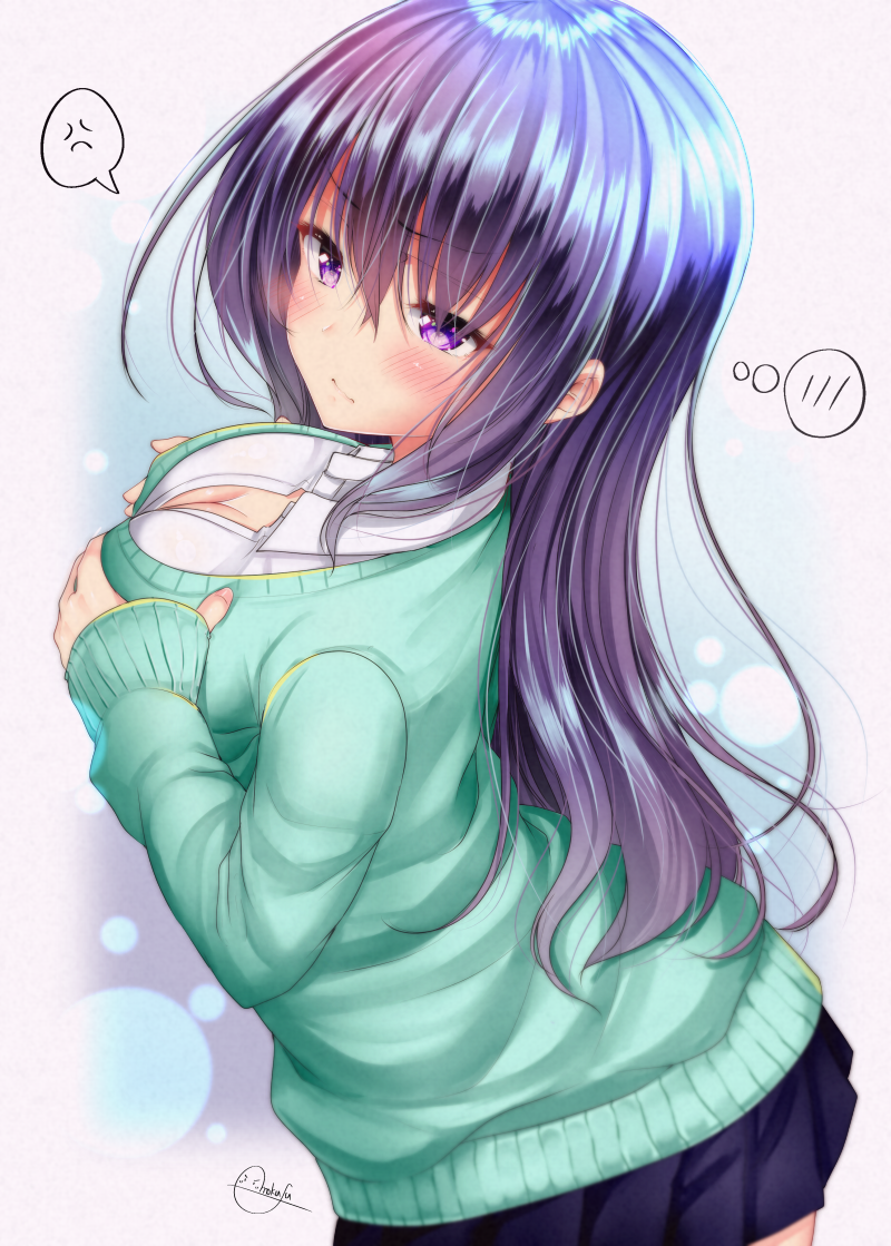 1girl anger_vein bangs blue_skirt blush breast_lift breasts cardigan cleavage collared_shirt eyebrows_visible_through_hair green_cardigan hair_between_eyes large_breasts long_hair long_sleeves mokufuu original pleated_skirt purple_hair school_uniform shirt sidelocks signature skirt sleeves_past_wrists solo spoken_anger_vein spoken_blush very_long_hair violet_eyes white_shirt