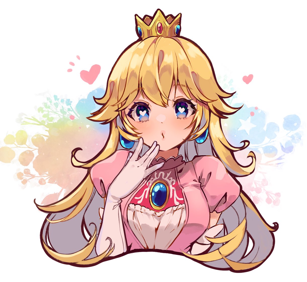 1girl blonde_hair blue_eyes blush breasts crown dress earrings gem gloves hair_between_eyes hand_to_own_mouth heart heart-shaped_pupils jewelry long_hair medium_breasts mini_crown nachoz_(nachozart) pink_dress princess_peach puckered_lips puffy_short_sleeves puffy_sleeves short_sleeves solo super_mario_bros. symbol-shaped_pupils upper_body white_background white_gloves