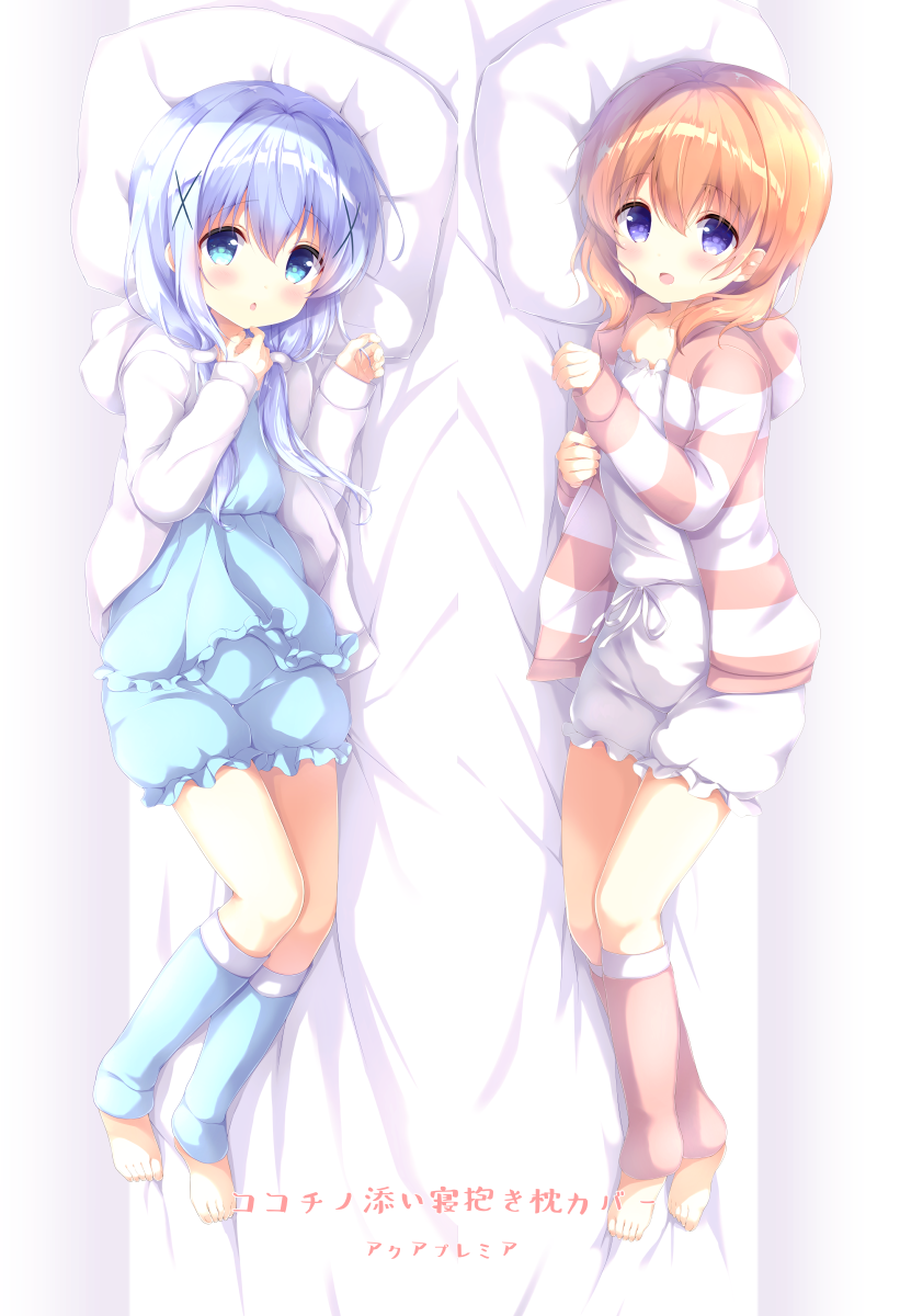2girls :d amedamacon bangs barefoot bed_sheet bloomers blue_bloomers blue_eyes blue_hair blush chestnut_mouth commentary_request dakimakura eyebrows_visible_through_hair fingernails gochuumon_wa_usagi_desu_ka? hair_between_eyes hair_ornament highres hood hood_down hooded_jacket hoto_cocoa jacket kafuu_chino leg_warmers light_brown_hair long_sleeves looking_at_viewer lying multiple_girls on_side open_clothes open_jacket open_mouth parted_lips pillow sleeves_past_wrists smile striped_jacket translation_request underwear violet_eyes white_bloomers white_jacket x_hair_ornament