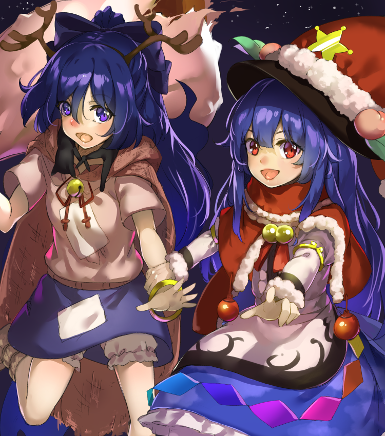 2girls armlet bangle bell bloomers blue_eyes blue_hair blue_skirt bow bracelet cape christmas_ornaments clouds commentary_request cowboy_shot drawstring dress fake_antlers feet_out_of_frame folded_leg food fruit fur-trimmed_hat fur-trimmed_shawl hair_between_eyes hair_bow hat hat_over_hat hinanawi_tenshi hood hood_down jewelry jingle_bell juliet_sleeves layered_dress leaf long_hair long_sleeves looking_at_viewer multiple_girls neck_bell neck_ribbon night night_sky open_mouth peach pink_hoodie piyodesu pointing pointing_at_viewer puffy_sleeves red_eyes red_shawl ribbon santa_hat shawl short_sleeves skirt sky standing standing_on_one_leg star touhou underwear very_long_hair wrist_grab yorigami_shion