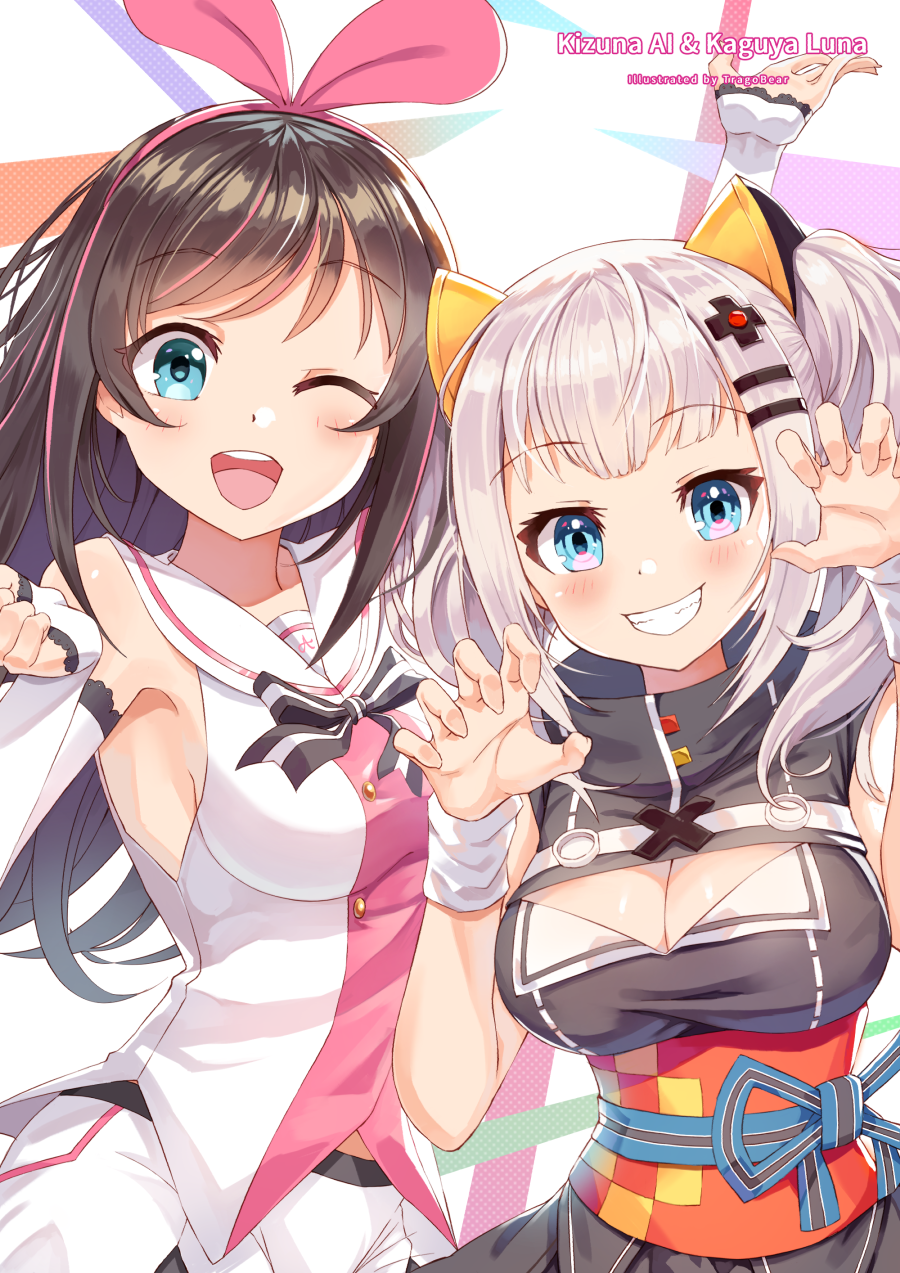 2girls ;d a.i._channel artist_name black_dress blue_eyes blush breasts brown_hair character_name cleavage cleavage_cutout clenched_teeth dress eyebrows_visible_through_hair hair_ornament hairband highres kaguya_luna kaguya_luna_(character) kizuna_ai lace-trimmed_sleeves long_hair looking_at_viewer medium_breasts multicolored_hair multiple_girls obi one_eye_closed open_mouth paw_pose pink_hair pink_hairband ribbon sailor_collar sash short_hair silver_hair smile streaked_hair teeth tragobear twintails virtual_youtuber white_ribbon white_sailor_collar wrist_ribbon x_hair_ornament