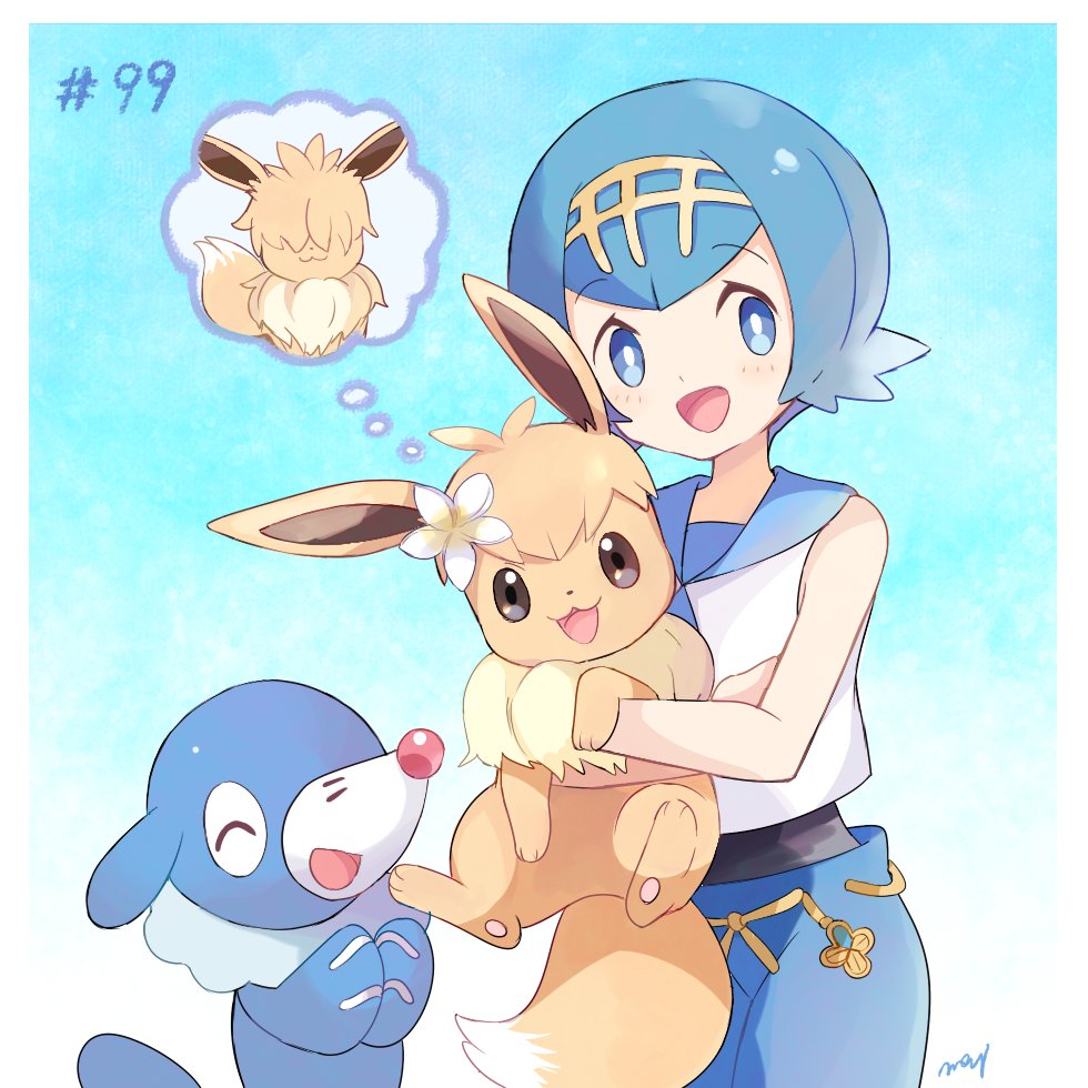 1girl 2others blue_eyes blue_hair creatures_(company) eevee flower game_freak gen_1_pokemon gen_7_pokemon hairband holding holding_pokemon mei_(maysroom) nintendo open_mouth pokemon pokemon_(anime) pokemon_(creature) pokemon_sm_(anime) popplio shirt short_hair simple_background sleeveless sleeveless_shirt suiren_(pokemon) swimsuit swimsuit_under_clothes trial_captain white_shirt