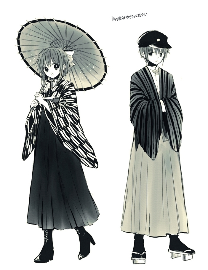 1boy 1girl :o :p anzu_(o6v6o) boots bow cross-laced_footwear dual_persona full_body genderswap genderswap_(ftm) geta gumi gumiya hair_bow hakama hands_in_opposite_sleeves hat high_heel_boots high_heels holding holding_umbrella japanese_clothes kimono lace-up_boots meiji_schoolgirl_uniform oriental_umbrella short_hair_with_long_locks socks standing striped striped_kimono tongue tongue_out translation_request umbrella vocaloid wide_sleeves