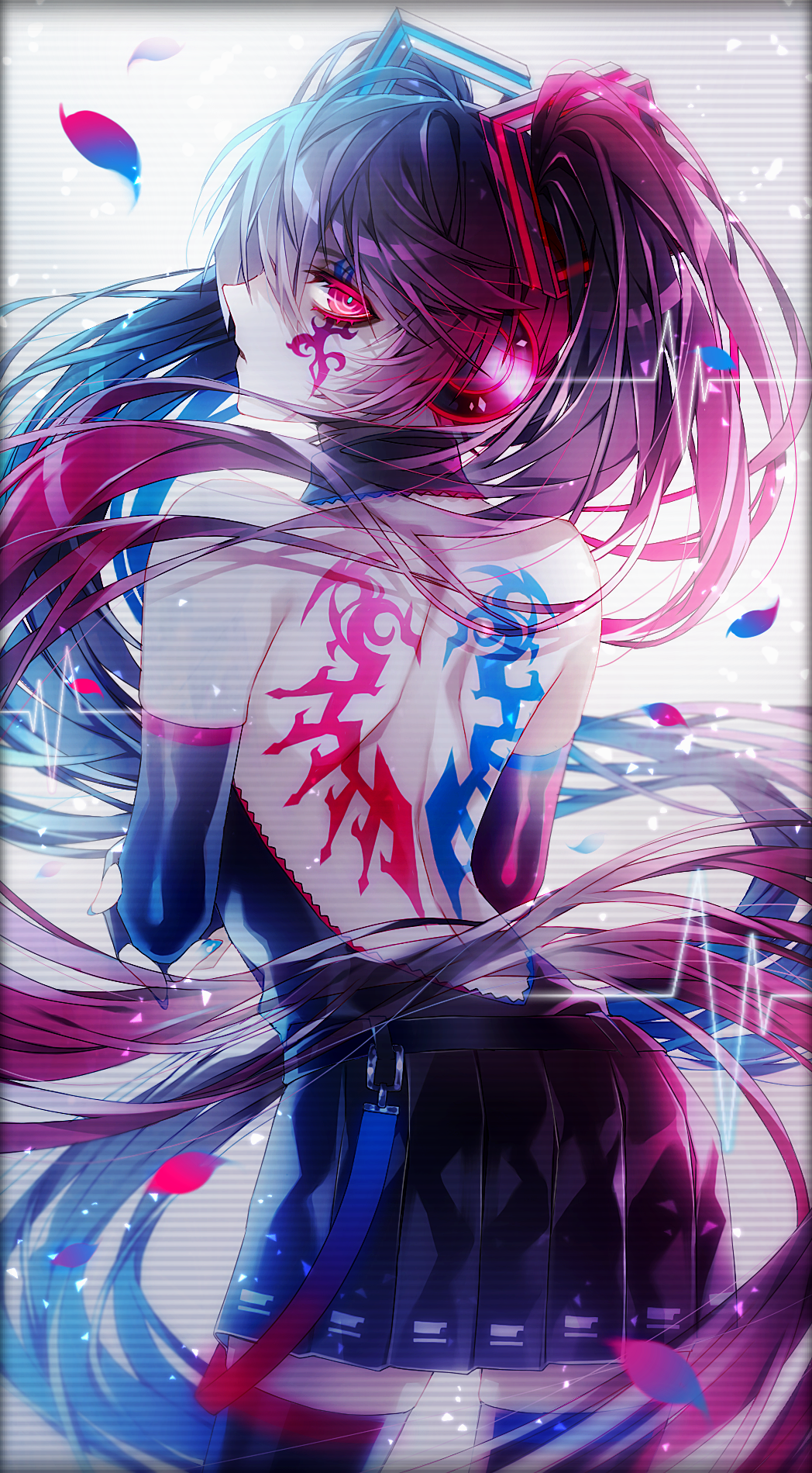 1055 1girl aqua_hair backless_outfit bare_shoulders blue_hair cowboy_shot detached_collar elbow_sleeve floating_hair from_behind hatsune_miku headphones highres long_hair looking_at_viewer looking_back nail_polish open_mouth petals red_eyes shoulder_blades simple_background skirt sleeveless solo tattoo thigh-highs twintails very_long_hair vocaloid zettai_ryouiki