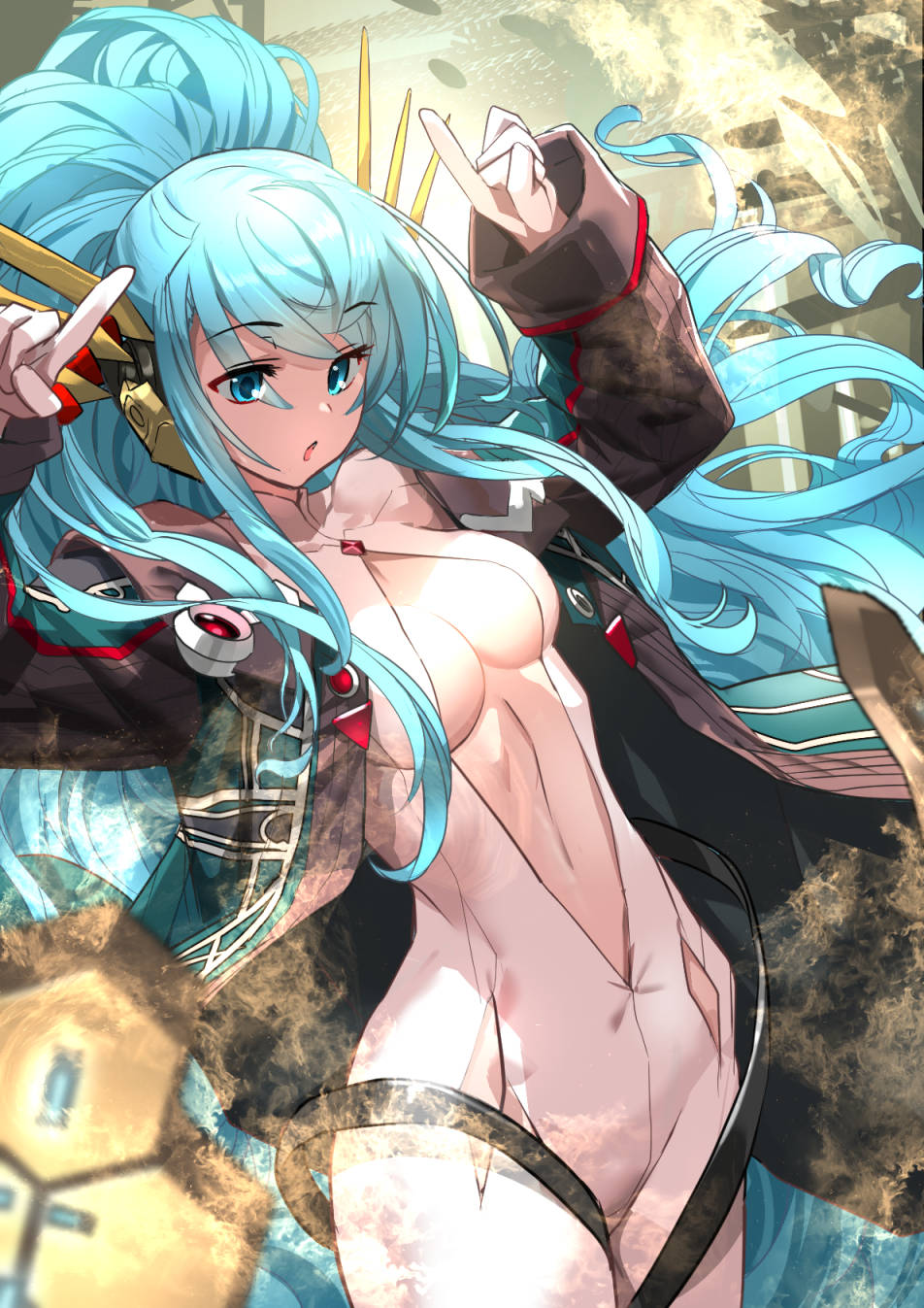 1girl adachi_yousuke aqua_eyes aqua_hair cleavage_cutout highres long_hair pointing pointing_up puzzle_&amp;_dragons scheat_(p&amp;d) very_long_hair