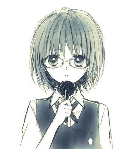 1girl anzu_(o6v6o) bangs collared_shirt glasses green gumi holding holding_microphone light_frown looking_at_viewer microphone monochrome neck_ribbon ribbon shirt short_hair simple_background solo upper_body vest vocaloid white_background
