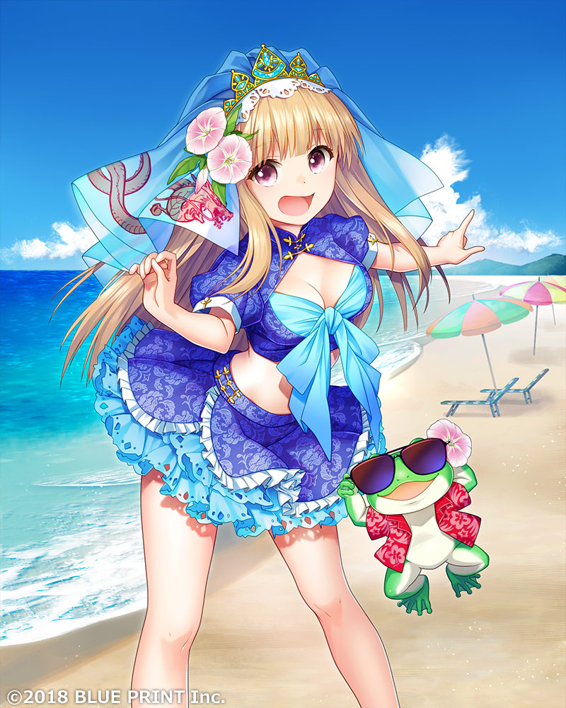 1girl :d beach beach_umbrella blue_dress blue_skirt blue_sky breasts brown_hair cleavage cleavage_cutout crown day dress floral_print flower frog hair_flower hair_ornament long_hair looking_at_viewer lost_crusade midriff ocean official_art open_mouth outdoors pointing red_shirt shimoe shirt skirt sky smile solo standing sunglasses umbrella