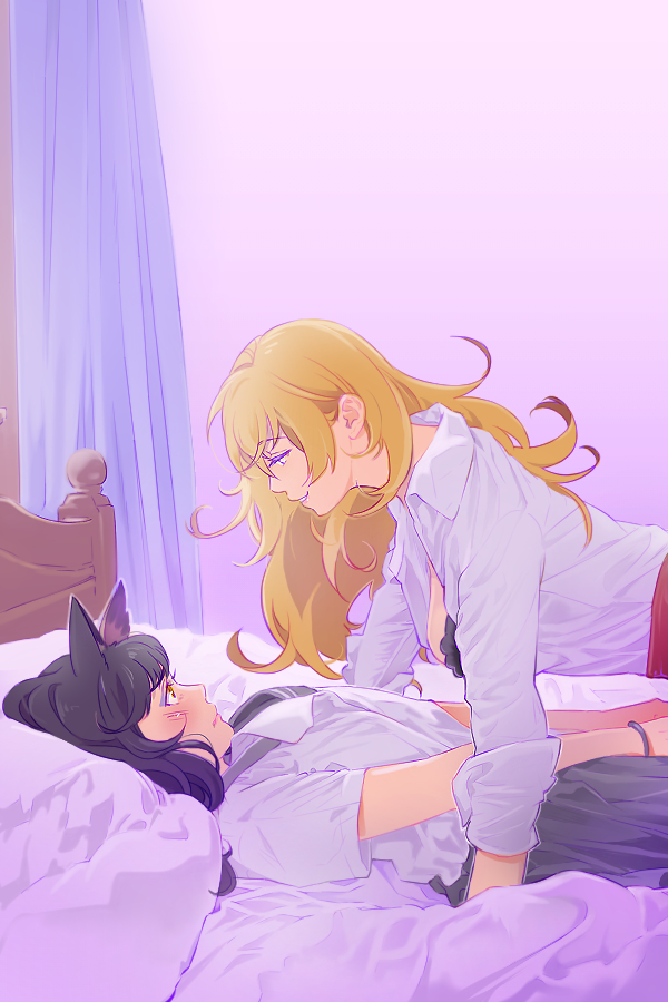 2girls animal_ears bed_frame black_bra black_hair blake_belladonna blonde_hair blush bra breasts brown_eyes cat_ears collared_shirt from_side gradient gradient_background grin long_hair long_sleeves lying multiple_girls on_back on_bed open_clothes open_shirt pillow pink_background purple_background rwby shirt short_sleeves sideboob smile udo_(zzinya) underwear violet_eyes wavy_hair white_shirt wristband yang_xiao_long yuri