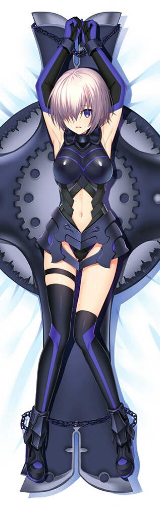 1girl armored_leotard armpits arms_up bed_sheet black_legwear breasts chains elbow_gloves fate/grand_order fate_(series) gloves leotard looking_at_viewer mash_kyrielight medium_breasts midriff navel navel_cutout restrained short_hair stomach thigh-highs thigh_strap violet_eyes