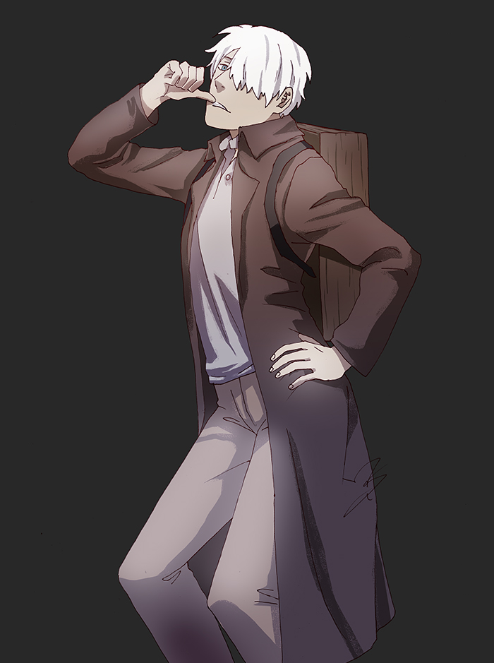 1boy brown_coat coat death_parade ginko green_eyes grey_background grey_pants grey_shirt hair_over_one_eye hand_on_hip looking_at_viewer male_focus mushishi open_clothes open_coat pants parody ravefirell shirt signature silver_hair simple_background solo wooden_box