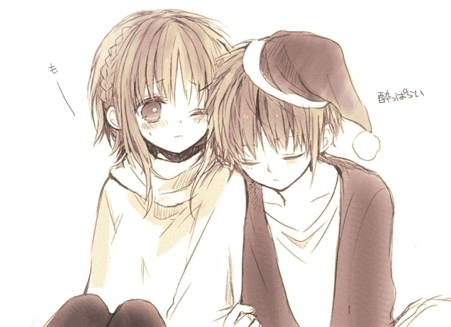 1boy 1girl anzu_(o6v6o) blush braid closed_eyes dual_persona genderswap genderswap_(ftm) gumi gumiya hat head_on_another's_shoulder jacket leaning_on_person light_frown long_sleeves monochrome santa_hat sepia shirt short_hair_with_long_locks simple_background sitting sleeping sweatdrop translation_request vocaloid white_background