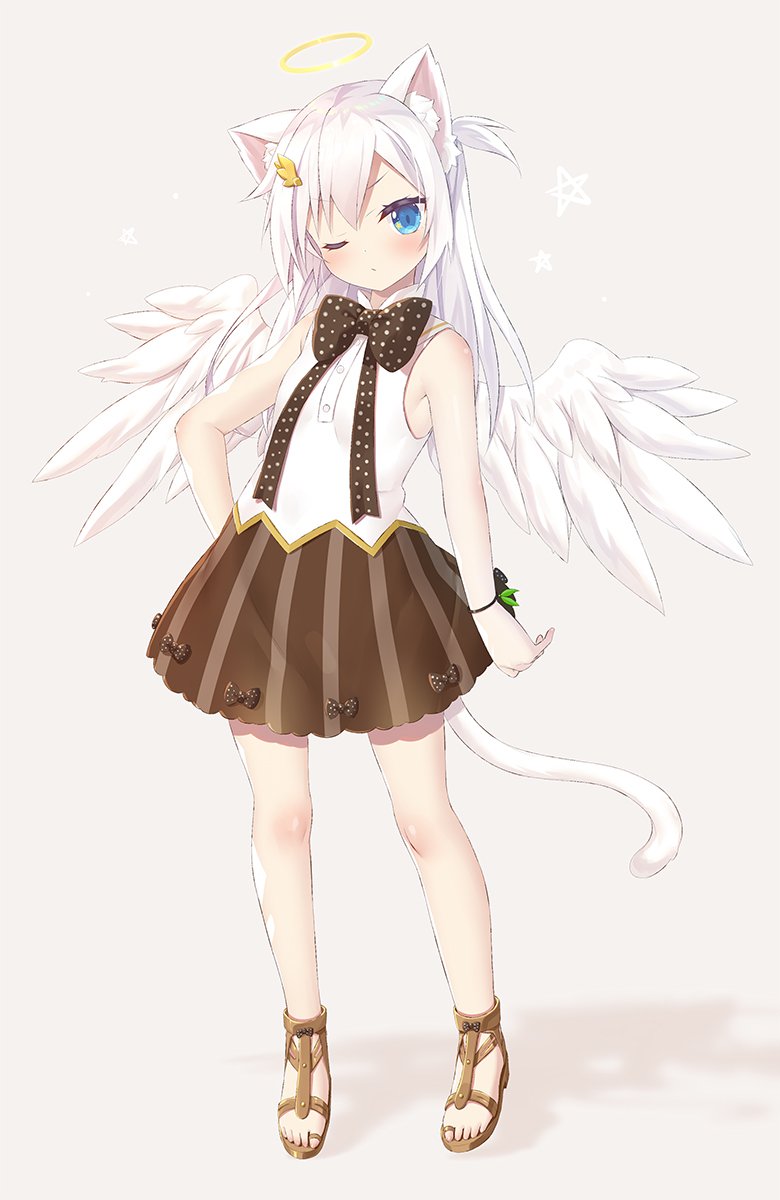 1girl angel_wings animal_ears blue_eyes blush bow brown_bow brown_skirt cacao_(yano_mitsuki) cat_ears cat_tail commentary_request feathered_wings full_body halo highres long_hair one_eye_closed original polka_dot polka_dot_bow sandals shirt silver_hair skirt sleeveless sleeveless_shirt solo standing striped tail vertical-striped_skirt vertical_stripes white_wings wings yano_mitsuki