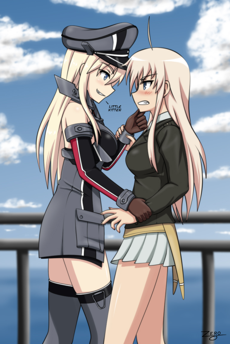 ahoge angry bare_shoulders bismarck_(kantai_collection) blonde_hair blue_eyes blush breasts grey_legwear hanna-justina_marseille hat kantai_collection large_breasts looking_at_another military military_uniform ocean size_difference skirt sky smile strike_witches teeth thigh-highs uniform world_witches_series yuri zero_(73ro)
