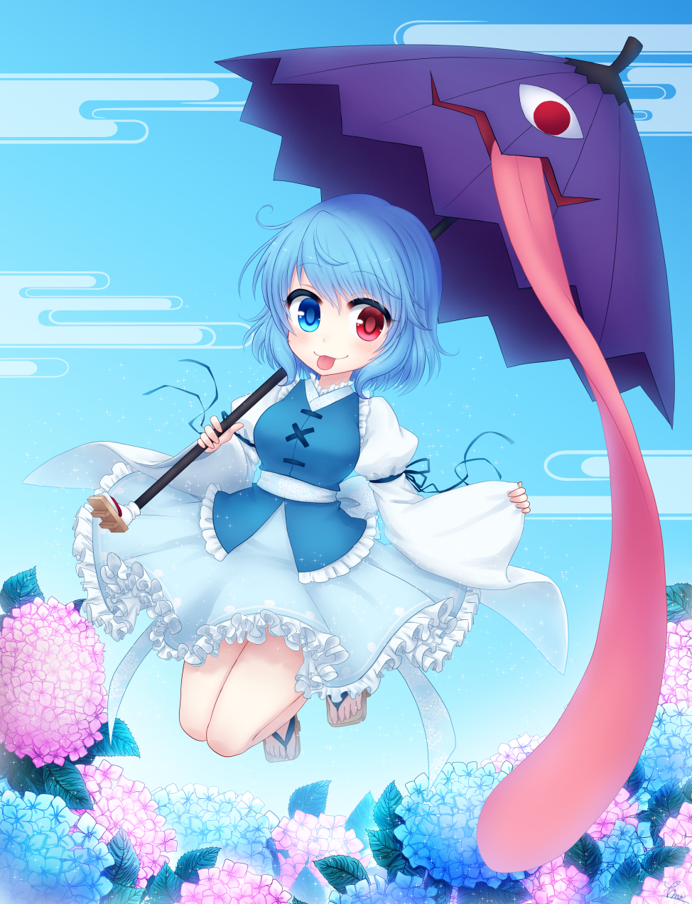 adapted_costume bangs blue_eyes blue_hair blue_skirt blue_vest commentary_request flower geta heterochromia highres holding holding_umbrella karakasa_obake leaf miruki no_socks red_eyes short_hair skirt tatara_kogasa tongue touhou umbrella vest