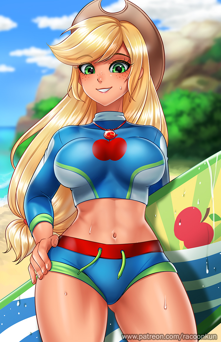 1girl apple_print applejack ass_visible_through_thighs bangs beach blonde_hair blue_bikini_bottom blue_swimsuit blurry blurry_background breasts clouds cowboy_hat cowboy_shot curvy day drawstring eyebrows_visible_through_hair freckles gem green_eyes grin hand_on_hip hat jewelry large_breasts long_hair long_sleeves looking_at_viewer low-tied_long_hair midriff my_little_pony my_little_pony_friendship_is_magic navel necklace ocean outdoors personification racoon-kun sky slender_waist smile solo surfboard swept_bangs swimsuit thighs very_long_hair watermark web_address wet