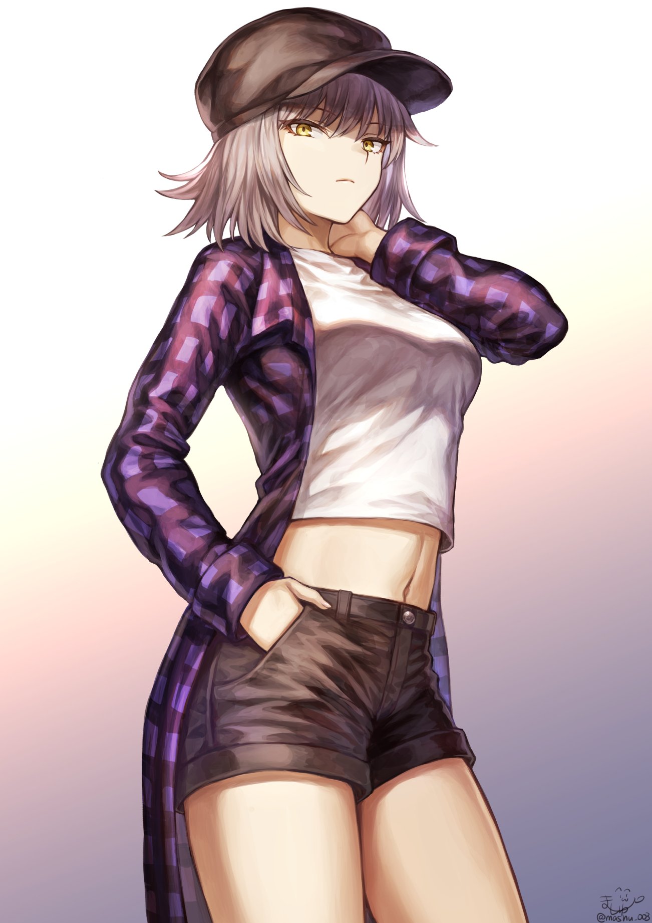1girl bangs black_shorts breasts brown_hat casual coat cowboy_shot crop_top eyebrows_visible_through_hair fate/grand_order fate_(series) gradient gradient_background hand_in_pocket hand_on_own_neck hat highres jeanne_d'arc_(alter)_(fate) jeanne_d'arc_(fate)_(all) large_breasts looking_at_viewer mashu_003 medium_breasts midriff navel open_clothes open_coat purple_coat short_hair short_shorts shorts sidelocks signature silver_hair simple_background solo stomach tsurime twitter_username white_crop_top yellow_eyes