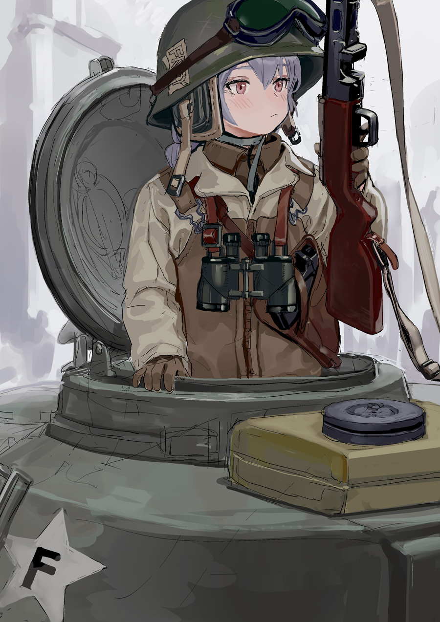 1girl animal_ears bag bangs binoculars braid cannon cat_ears closed_mouth dress fkey grey_hair ground_vehicle gun headwear_removed helmet helmet_removed highres holding holding_helmet military military_uniform military_vehicle motor_vehicle original ppsh-41 red_eyes rifle solo submachine_gun tank twin_braids uniform weapon