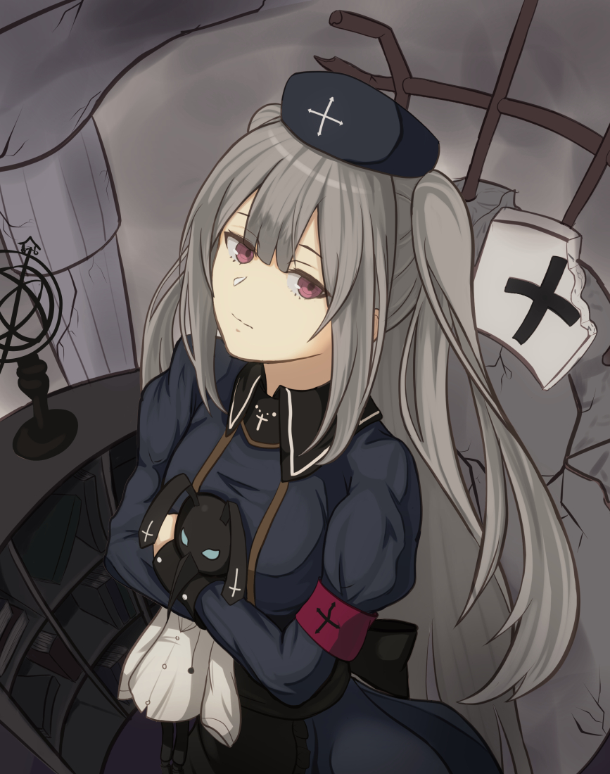 1girl armband bangs black_dress black_hat cross dress expressionless grey_hair hat head_tilt long_hair long_sleeves looking_at_viewer minai_karte moppo nurse_cap object_hug puffy_long_sleeves puffy_sleeves rubble solo stuffed_toy two_side_up violet_eyes virtual_clinic virtual_youtuber