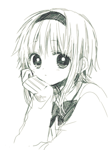 1girl anzu_(o6v6o) bangs bow bowtie cardigan chin_rest expressionless greyscale gumi hairband long_sleeves looking_at_viewer monochrome school_uniform short_hair_with_long_locks simple_background sketch sleeves_past_wrists solo upper_body vocaloid white_background