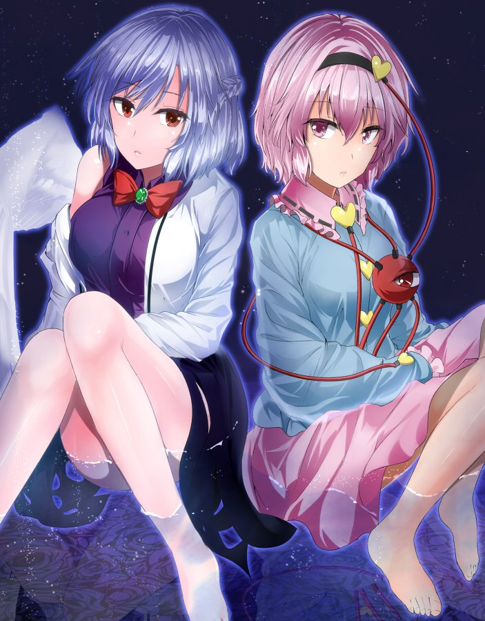 2girls ass bangs bare_legs bare_shoulders barefoot black_hairband blue_background blue_shirt bow bowtie braid breasts commentary_request convenient_leg dress eyebrows_visible_through_hair feathered_wings french_braid frilled_shirt_collar frills hair_between_eyes hair_ornament hairband heart heart_hair_ornament jacket kishin_sagume knees_together_feet_apart knees_up komeiji_satori large_breasts long_sleeves multiple_girls nail_polish off_shoulder open_clothes open_jacket pink_eyes pink_hair pink_skirt purple_dress purple_nails red_bow red_eyes red_neckwear reflection shirt short_hair silver_hair single_wing sitting skirt sleeveless sleeveless_dress thighs toenail_polish touhou white_jacket white_wings wide_sleeves wings y2