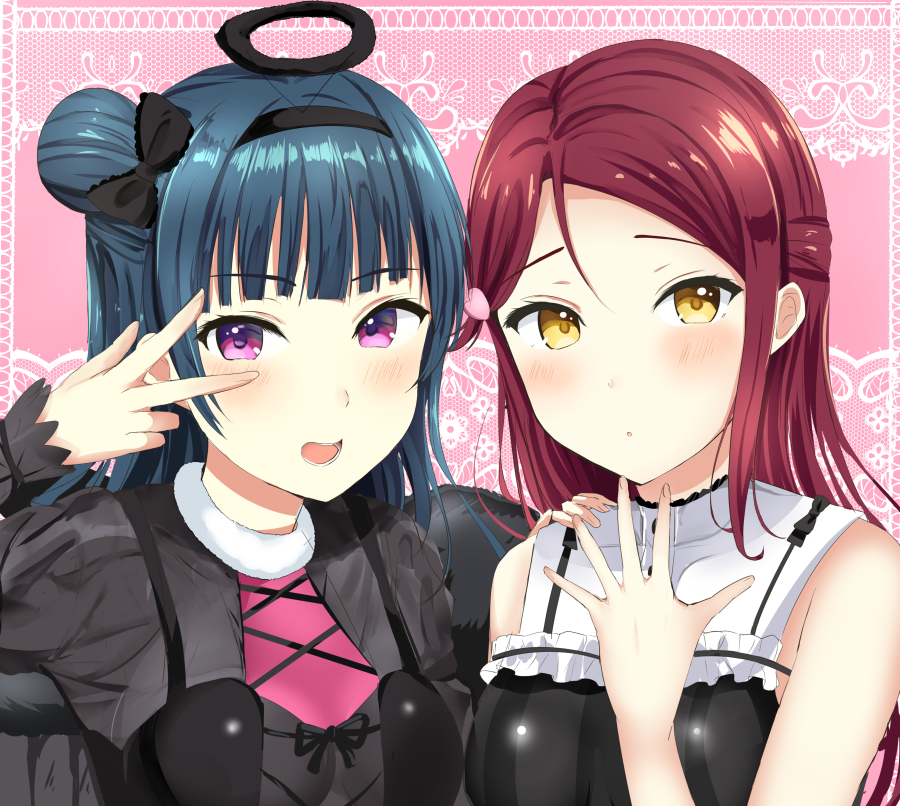 2girls black_bow black_wings blue_hair blush bow commentary_request fake_halo feathered_wings frills fur_collar hair_bow hair_ornament hairband hairclip half_updo hand_on_another's_shoulder hand_up long_hair long_sleeves looking_at_viewer love_live! love_live!_sunshine!! morerin multiple_girls open_mouth pink_background redhead sakurauchi_riko side_bun sleeveless smile tsushima_yoshiko upper_body violet_eyes w_over_eye wings yellow_eyes