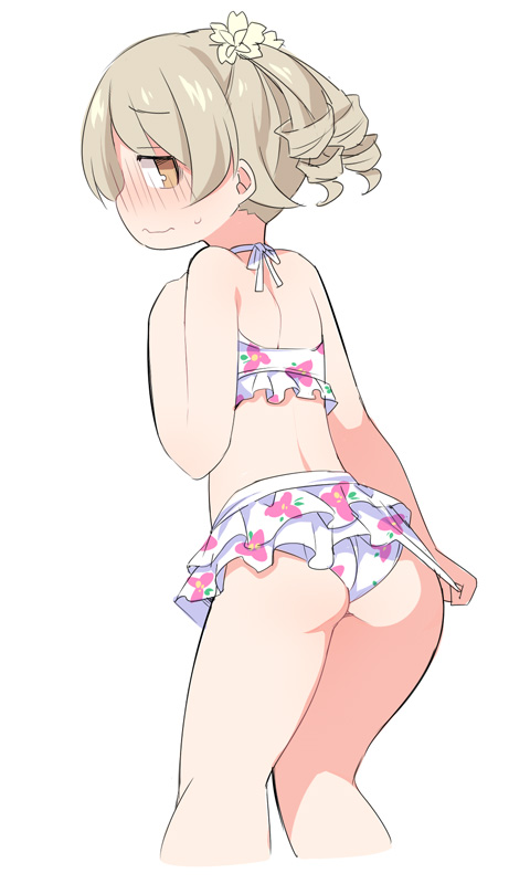 1girl ass bangs bare_arms bare_shoulders bikini bikini_tug blush brown_eyes eyebrows_visible_through_hair floral_print frilled_bikini frills hair_between_eyes hand_up idolmaster idolmaster_cinderella_girls kneepits light_brown_hair looking_at_viewer looking_back morikubo_nono nose_blush print_bikini ringlets simple_background solo swimsuit ushi white_background white_bikini