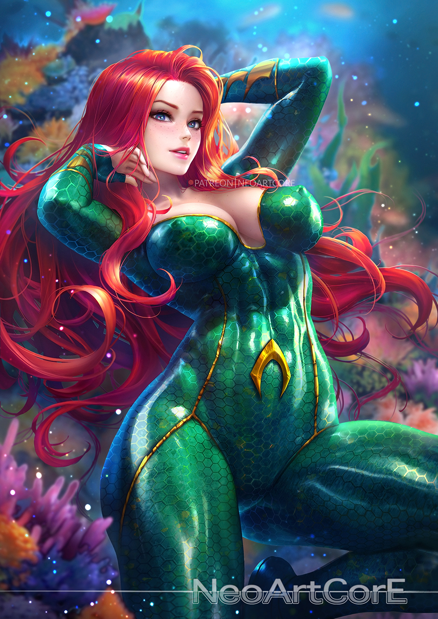 1girl abs adjusting_hair aquaman_(series) arms_up artist_name blue_eyes blurry blush breasts cleavage collarbone commentary coral covered_navel dc_comics depth_of_field emblem erect_nipples fish flowing_hair highres long_hair looking_at_viewer medium_breasts mera_(dc) nudtawut_thongmai parted_lips reclining redhead scales shiny shiny_clothes smile solo superhero toned underwater very_long_hair