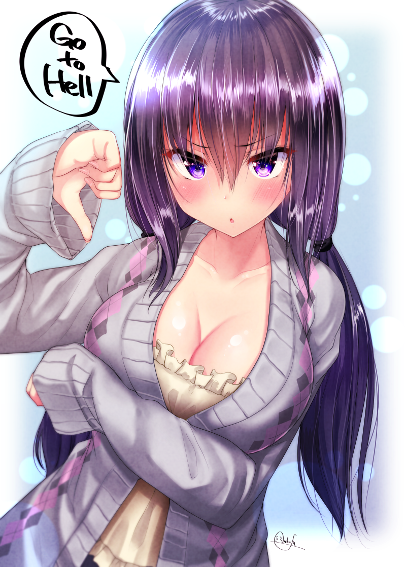 1girl arm_under_breasts arm_up bangs blush breast_hold breasts cleavage collarbone english_text eyebrows_visible_through_hair fingernails grey_jacket hair_between_eyes jacket large_breasts long_hair looking_at_viewer low_twintails mokufuu nail_polish open_clothes open_jacket original parted_lips pink_nails purple_hair sidelocks signature solo thumbs_down twintails upper_body very_long_hair violet_eyes
