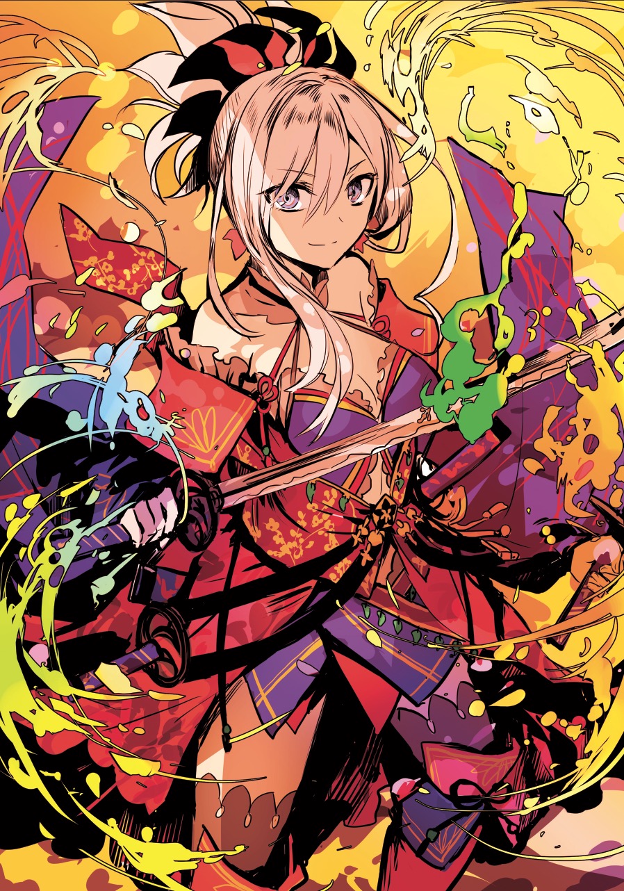 1girl bare_shoulders black_legwear blue_eyes blue_kimono breasts cleavage closed_mouth detached_sleeves dual_wielding earrings eyebrows_visible_through_hair fate/grand_order fate_(series) hair_between_eyes hair_ornament highres holding holding_sword holding_weapon japanese_clothes jewelry katana kimono large_breasts leaf_print looking_at_viewer maple_leaf_print miyamoto_musashi_(fate/grand_order) navel_cutout obi pink_hair ponytail rioka_(southern_blue_sky) sash sheath sheathed sleeveless sleeveless_kimono smile solo sword thigh-highs weapon wide_sleeves