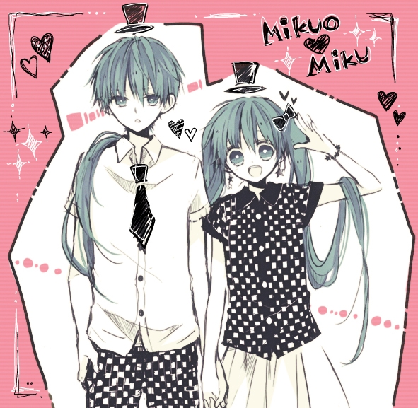 1boy 1girl anzu_(o6v6o) bangs blue_eyes blue_hair bow bracelet character_name checkered checkered_pants checkered_shirt collared_shirt drawn_hat dual_persona earrings genderswap genderswap_(ftm) hair_bow hand_holding hand_in_pocket hat hatsune_miku hatsune_mikuo heart hetero jewelry long_hair looking_at_viewer necktie pink_background pleated_skirt salute selfcest shirt short_sleeves skirt sparkle spot_color star star_earrings top_hat twintails very_long_hair vocaloid