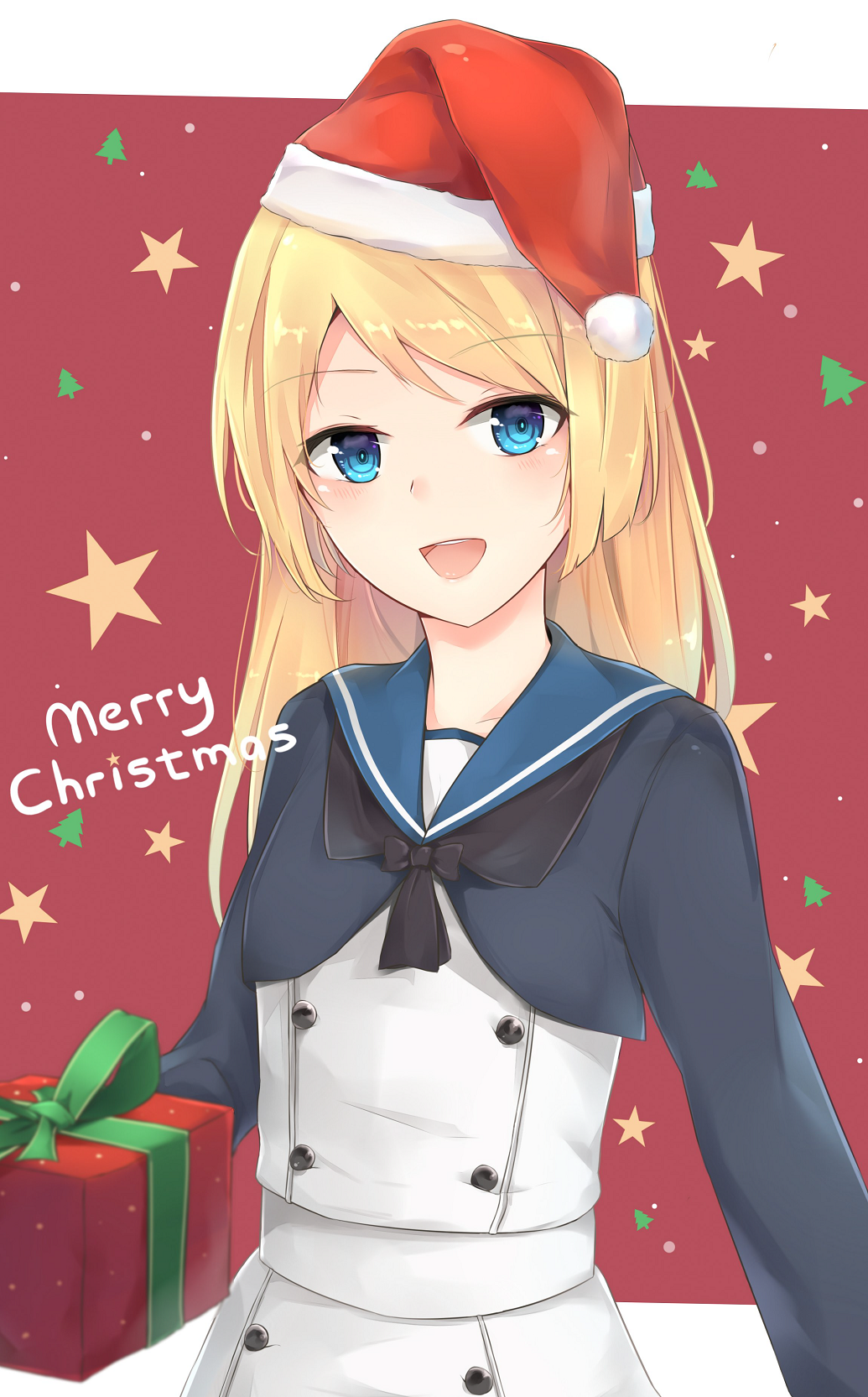 1girl adapted_costume black_neckwear blonde_hair blue_eyes blue_sailor_collar cowboy_shot dress gift gloves hat highres jenson_tw jervis_(kantai_collection) kantai_collection long_sleeves looking_at_viewer merry_christmas neckerchief red_background red_hat sailor_collar sailor_dress santa_hat solo white_dress white_gloves