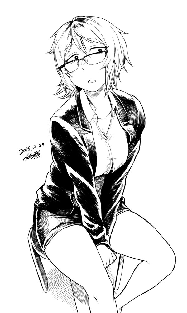 1girl bare_legs between_legs blazer collarbone collared_shirt commentary dagashi_kashi dated eyebrows_visible_through_hair glasses greyscale hand_between_legs jacket leaning_forward looking_over_eyewear looking_to_the_side messy_hair monochrome open_mouth over-rim_eyewear owari_hajime semi-rimless_eyewear shirt short_hair signature sitting skirt solo stool tsukudani_(coke-buta) white_background