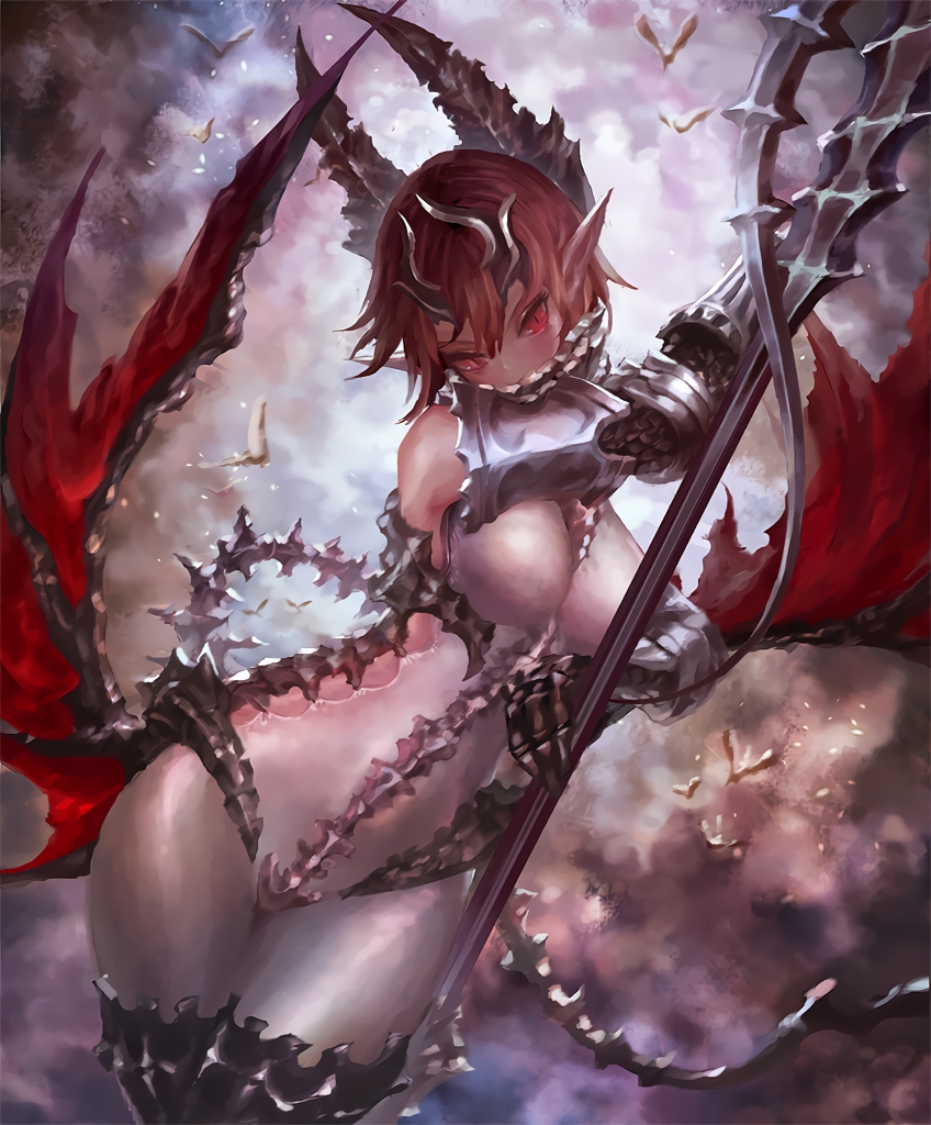 1girl armor bare_shoulders bird bodysuit boots breasts cygames dragon_wings gauntlets greaves hips holding imp_lancer_(shadowverse) lance large_breasts looking_at_viewer n.a. official_art pink_hair pointy_ears polearm red_eyes shadowverse short_hair sky solo spikes spine standing tail thighs weapon white_bodysuit wings