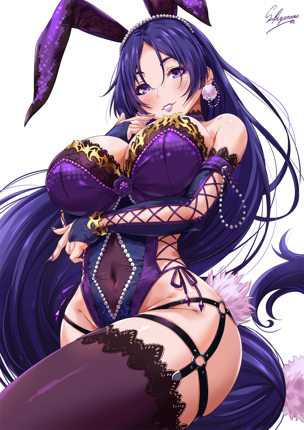 1girl animal_ears arm_under_breasts bangs bare_shoulders blurry blush bow bowtie breasts bridal_gauntlets bunny_tail bunnysuit choker cleavage commentary_request covered_navel detached_collar fake_animal_ears fate/grand_order fate_(series) finger_to_face garter_straps gloves gold groin highres huge_breasts lace lace-trimmed_gloves lace-trimmed_legwear lace_choker large_breasts leotard long_hair looking_at_viewer minamoto_no_raikou_(fate/grand_order) nail_polish o-ring parted_bangs parted_lips purple_gloves purple_hair purple_legwear purple_lips purple_nails rabbit_ears sakiyamama shiny shiny_skin sidelocks signature simple_background skindentation smile solo sparkle studded tail taut_clothes taut_leotard thigh-highs thighs very_long_hair violet_eyes white_background wrist_cuffs
