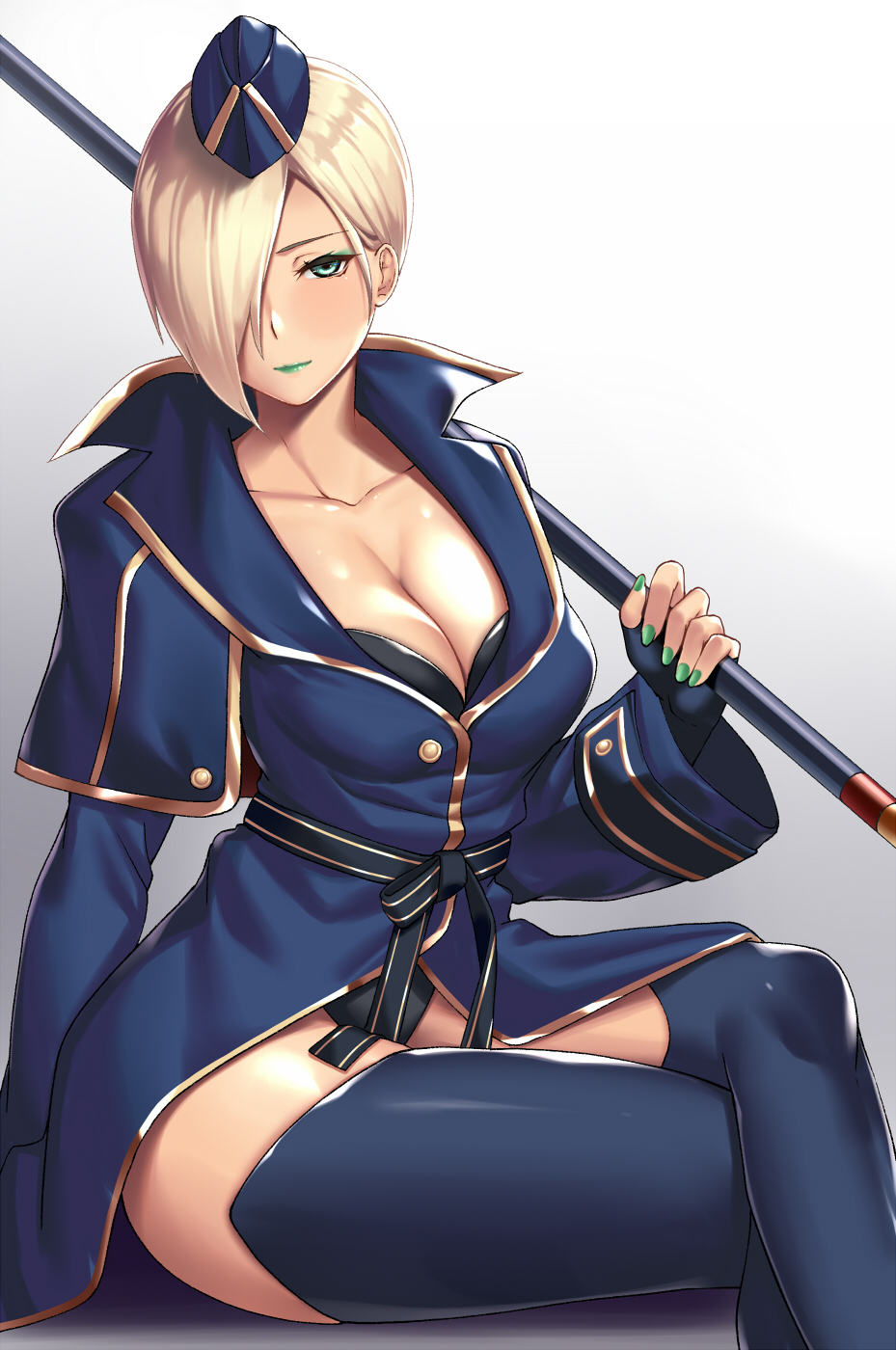1girl black_leotard blonde_hair blue_jacket breasts cleavage commentary_request eyeshadow falke_(street_fighter) fingerless_gloves garrison_cap gloves green_eyes green_lipstick green_nails hair_over_one_eye hat highres jacket large_breasts legs_crossed leotard lipstick looking_at_viewer makeup military military_uniform nail_polish short_hair sitting smile solo staff street_fighter street_fighter_v takanashi-a thigh-highs uniform