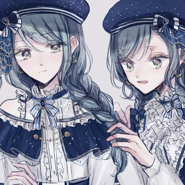 2girls 37_(pakuchiii) bang_dream! beret blue_hat blue_neckwear bow braiding_hair center_frills earrings frilled_shirt_collar frills frown grey_background hairdressing hat hat_bow hikawa_hina hikawa_sayo jewelry long_hair long_sleeves looking_at_another multiple_girls neck_ribbon open_mouth print_hat ribbon short_hair siblings side_braids sisters smile starry_sky_print striped striped_neckwear twins upper_body