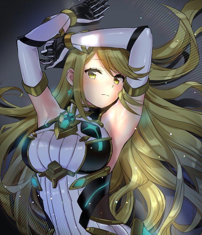 1girl alternate_costume armor armpits bangs blonde_hair breasts dress earrings gem headpiece mythra_(xenoblade) jewelry large_breasts long_hair nintendo ooshima_aki simple_background solo super_smash_bros. super_smash_bros._ultimate swept_bangs tiara xenoblade_(series) xenoblade_2 yellow_eyes