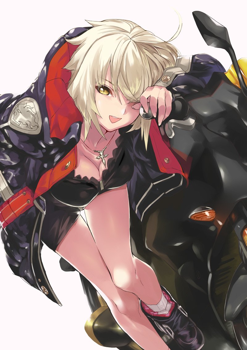 1girl :d bangs bent_over black_dress blonde_hair blue_footwear blue_jacket breasts cleavage commentary_request dress fate/grand_order fate_(series) ground_vehicle jacket jeanne_d'arc_(alter)_(fate) jeanne_d'arc_(fate)_(all) jewelry large_breasts leaning_forward leaning_on_object legs looking_at_viewer motor_vehicle motorcycle necklace ohland one_eye_covered open_mouth short_dress short_hair smile thighs yellow_eyes