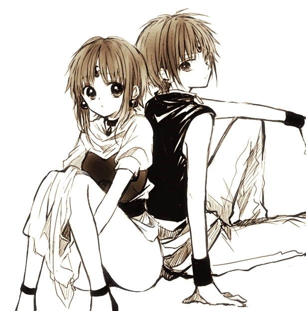 1boy 1girl ankle_strap anzu_(o6v6o) arm_on_knee back-to-back choker commentary_request cosplay cosplay_request dual_persona earrings forehead_jewel genderswap genderswap_(ftm) gumi gumiya jewelry knees_up leg_hug looking_at_viewer looking_back monochrome muneate pants pelvic_curtain sepia shirt short_hair_with_long_locks sitting sleeveless sleeveless_shirt vocaloid wristband