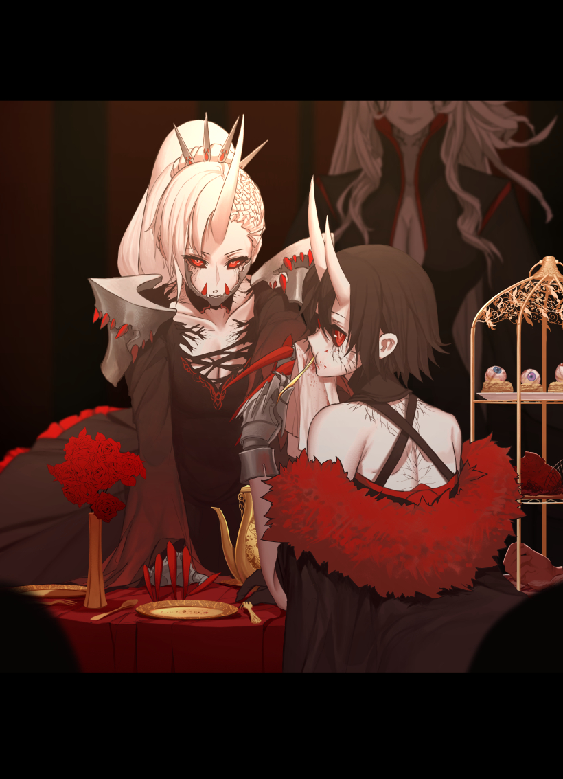 3girls black_dress black_hair breasts cannibalism claws cleavage corruption dishwasher1910 dress eating eyeball flower fork fur_trim gloves grimm hands heart horn horns looking_at_viewer looking_back multiple_girls pale_skin red_eyes red_sclera rose ruby_rose rwby salem_(rwby) saucer scone spoon spoon_in_mouth teapot veins weiss_schnee white_hair yellow_pupils