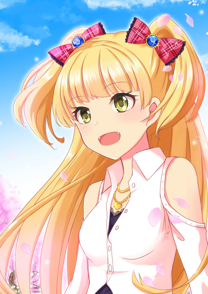 1girl :d blonde_hair blue_sky bow cherry_blossoms day dress_shirt eyebrows_visible_through_hair fangs floating_hair green_eyes hair_bow heart heart_necklace idolmaster idolmaster_cinderella_girls jougasaki_rika long_hair muraiaria open_mouth outdoors red_bow shiny shiny_hair shirt shoulder_cutout sky smile solo twintails upper_body very_long_hair white_shirt
