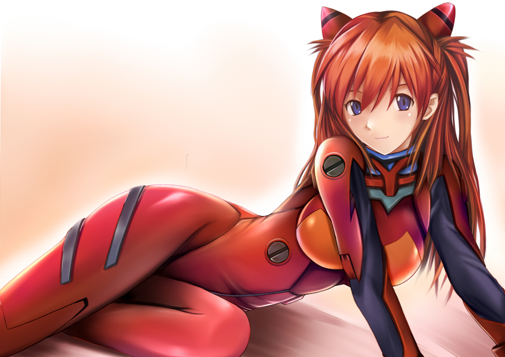 1girl blue_eyes bodysuit brown_hair hair_between_eyes headgear long_hair looking_at_viewer nannacy7 neon_genesis_evangelion plugsuit red_bodysuit shiny shiny_clothes shiny_hair smile solo souryuu_asuka_langley